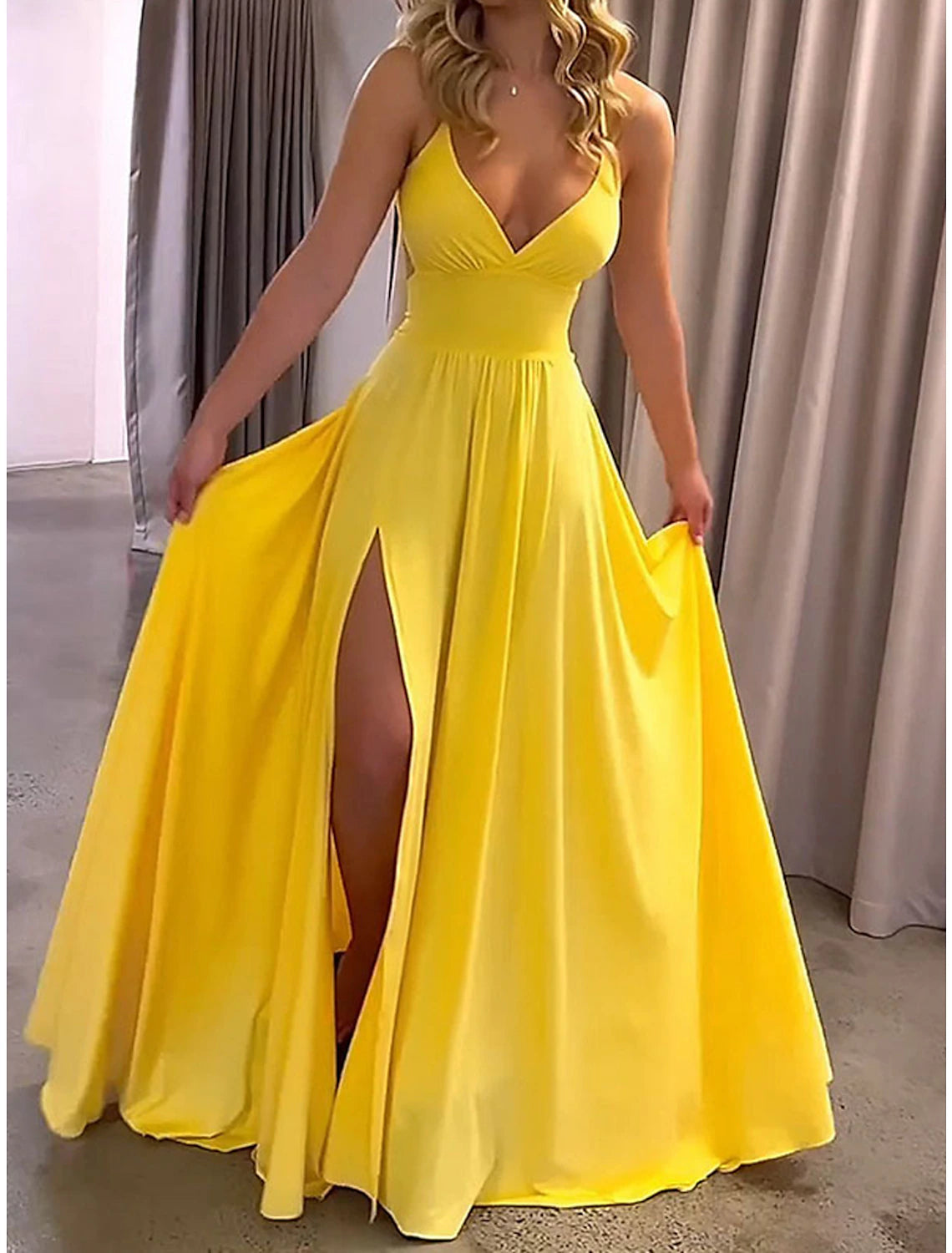Weitese Women's Prom Dress Party Dress Sheath Dress Long Dress Maxi Dress Yellow Sleeveless Pure Color Ruched Fall Winter Autumn Spaghetti Strap Fashion Evening Party Vacation