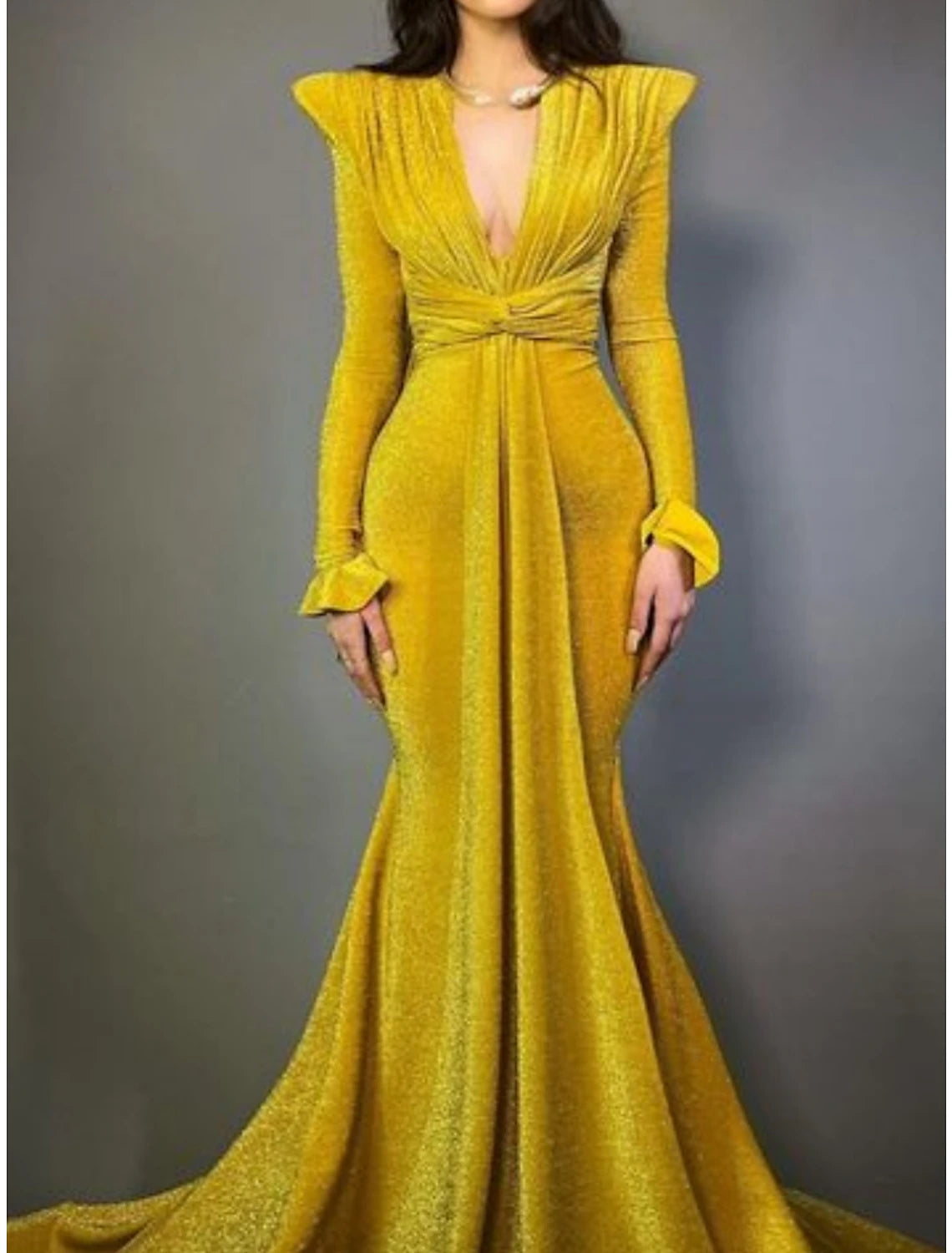 Weitese A-Line Evening Gown Elegant Dress Formal Court Train Formal Long Sleeve V Neck with Glitter Pleats Ruched