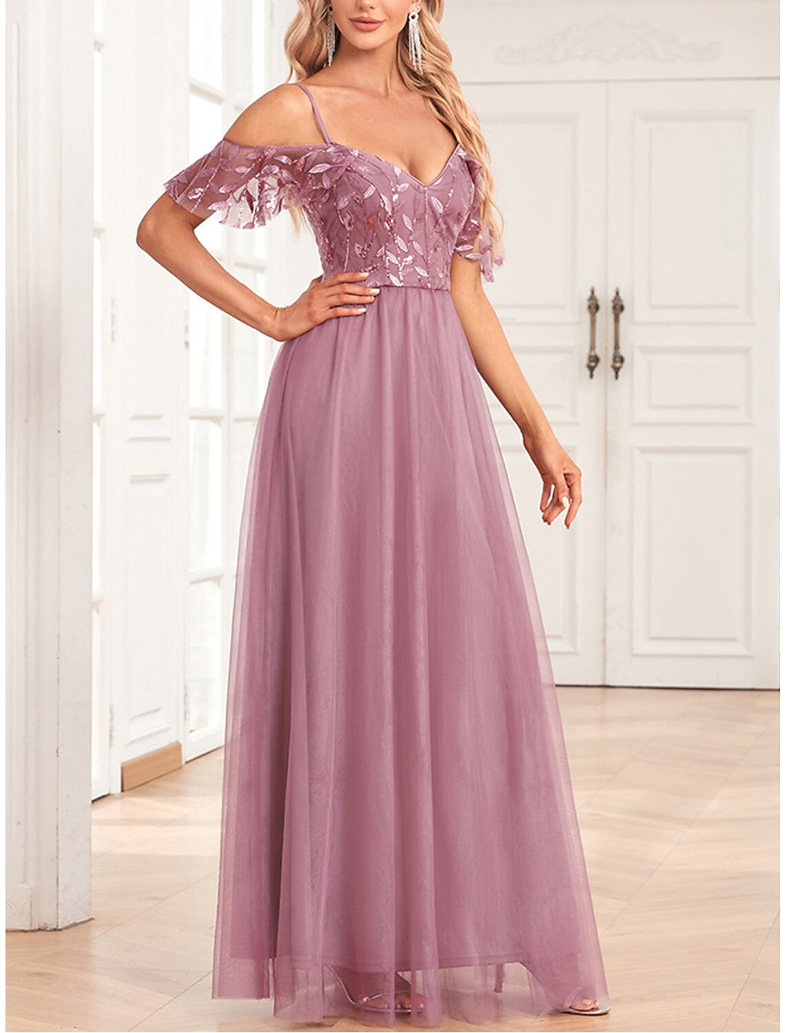 Weitese Women's Pink Sequin Dress Prom Dress Party Dress Sparkly Dress Long Dress Maxi Dress Short Sleeve Sparkly Glitter Fall Winter Spaghetti Strap Fashion Evening Party