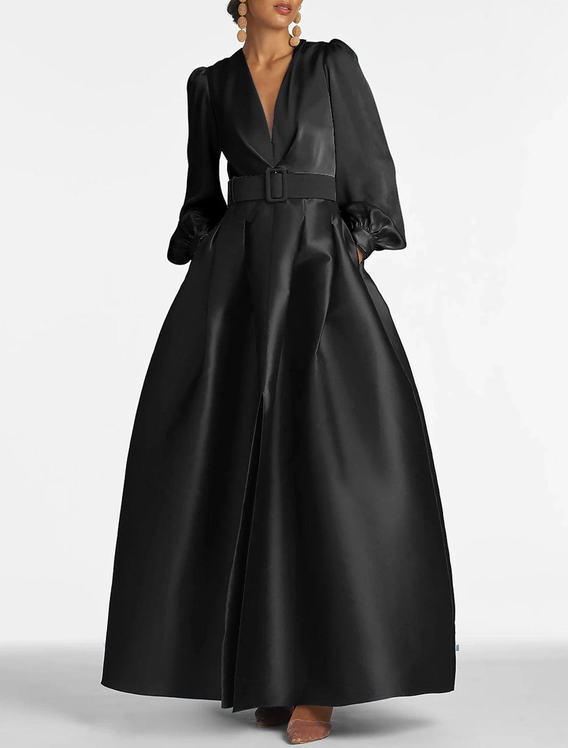 Weitese A-Line Evening Gown High Split Wedding Guest Dress Formal Fall Floor Length Long Sleeve V Neck Belt / Sash Satin with Pleats Slit