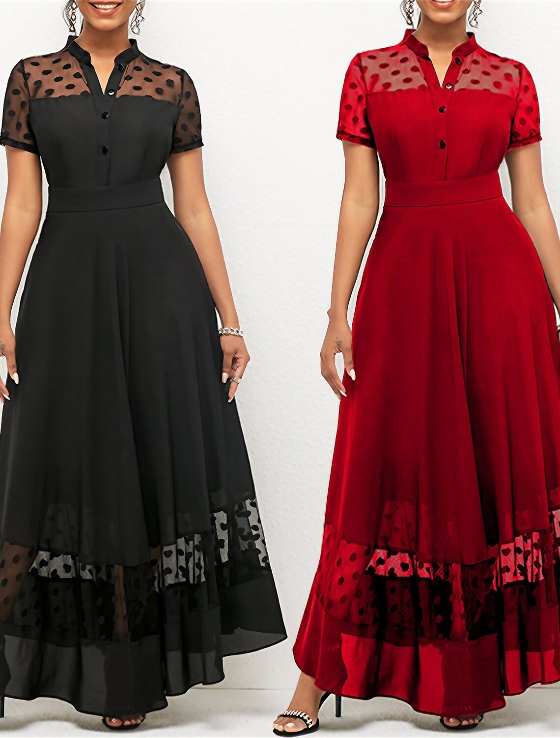 Women's Prom Dress Party Dress Cocktail Dress Long Dress Maxi Dress Black Wine Short Sleeve Polka Dot Ruched Spring Fall Winter V Neck Fashion Winter Dress Wedding Guest Birthday