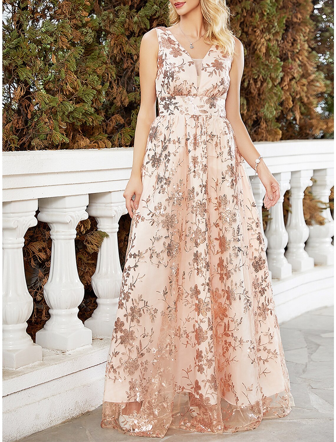 Weitese Women's Party Dress Sequin Dress Wedding Guest Dress Long Dress Maxi Dress Light Yellow Sleeveless Floral Sequins Spring Fall Winter V Neck Fashion Winter Dress Wedding Guest Evening Party