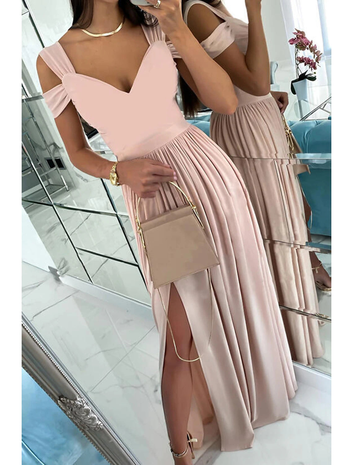 Women‘s Party Dress Homecoming Dress Swing Dress Long Dress Maxi Dress Green Pink Light Green Short Sleeve Pure Color Cold Shoulder Spring Summer V Neck Romantic Party