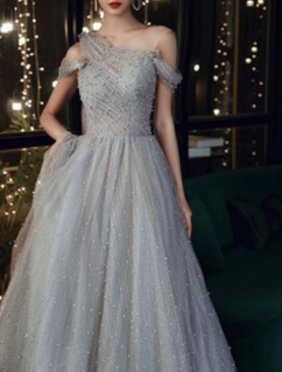 Weitese A-Line Prom Dresses Elegant Dress Wedding Guest Engagement Floor Length Sleeveless Illusion Neck Tulle with Pleats Beading