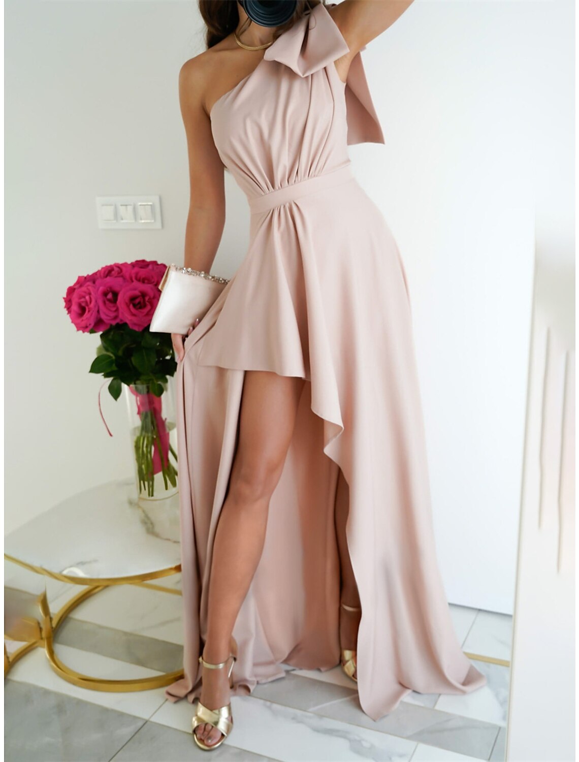 Weitese Women's Prom Dress Party Dress Wedding Guest Dress Long Dress Maxi Dress Pink Wine Red Sleeveless Plain Split Summer Spring Fall One Shoulder Elegant Wedding Guest Evening Party Vacation