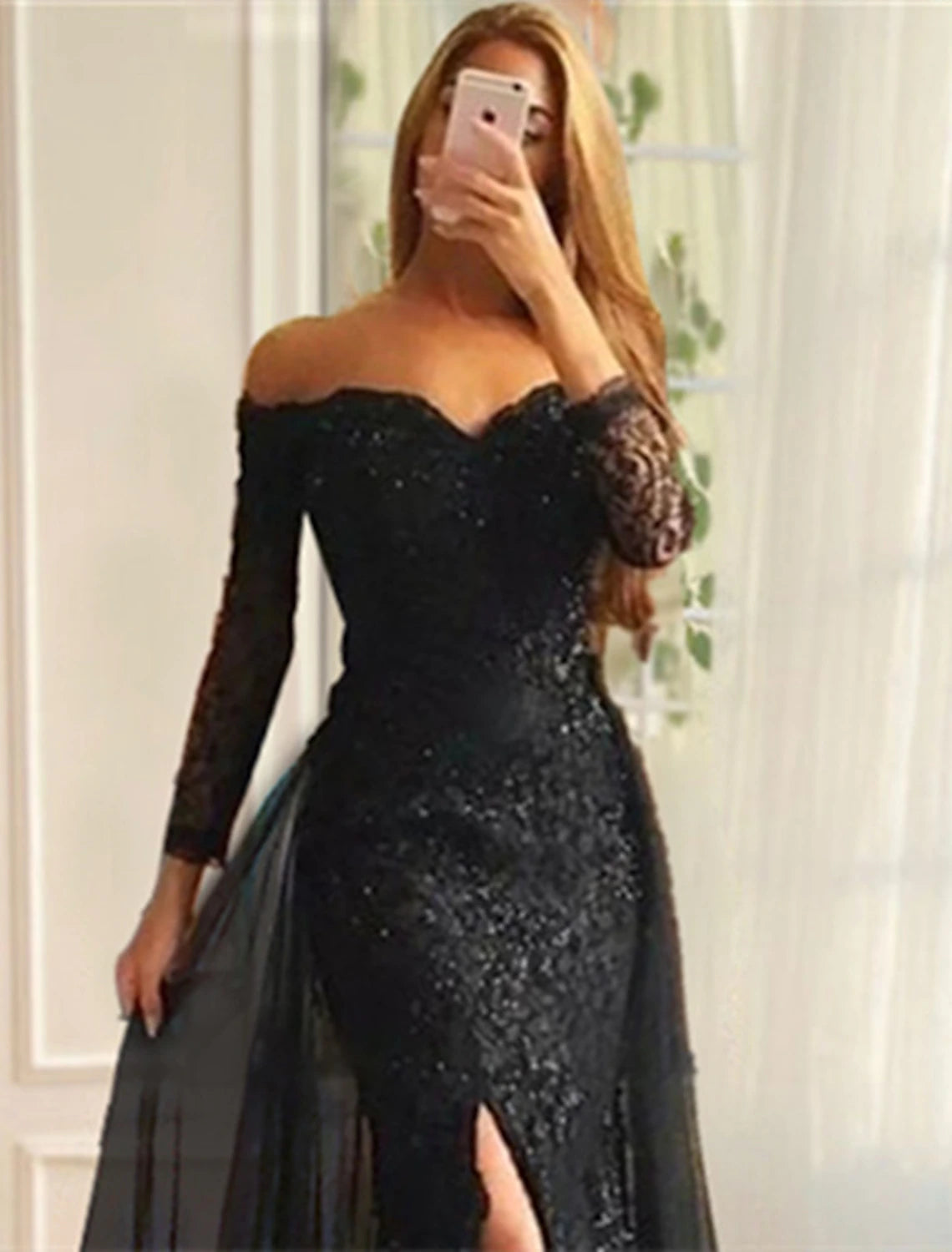 Weitese Mermaid / Trumpet Evening Gown Floral Dress Formal Wedding Sweep / Brush Train Long Sleeve Off Shoulder Fall Wedding Reception Chiffon with Slit Appliques