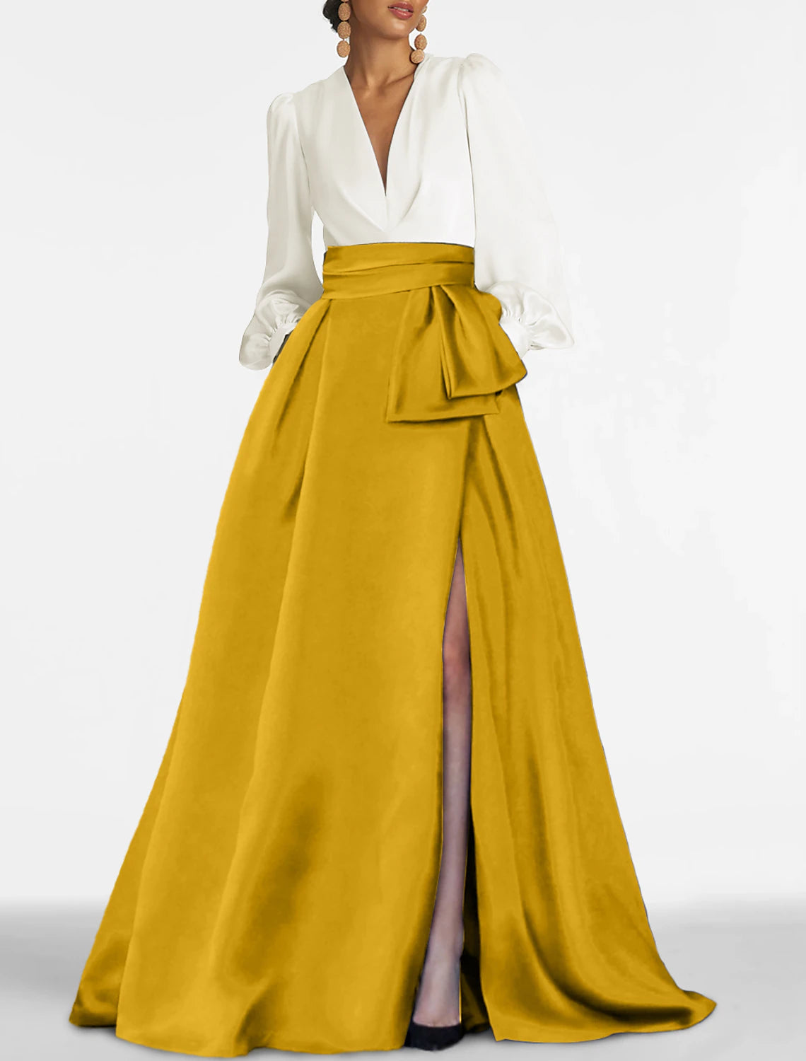 Weitese A-Line Evening Gown Elegant Dress Formal Sweep / Brush Train Formal Red Green Dress Long Sleeve V Neck Satin with Pleats Slit