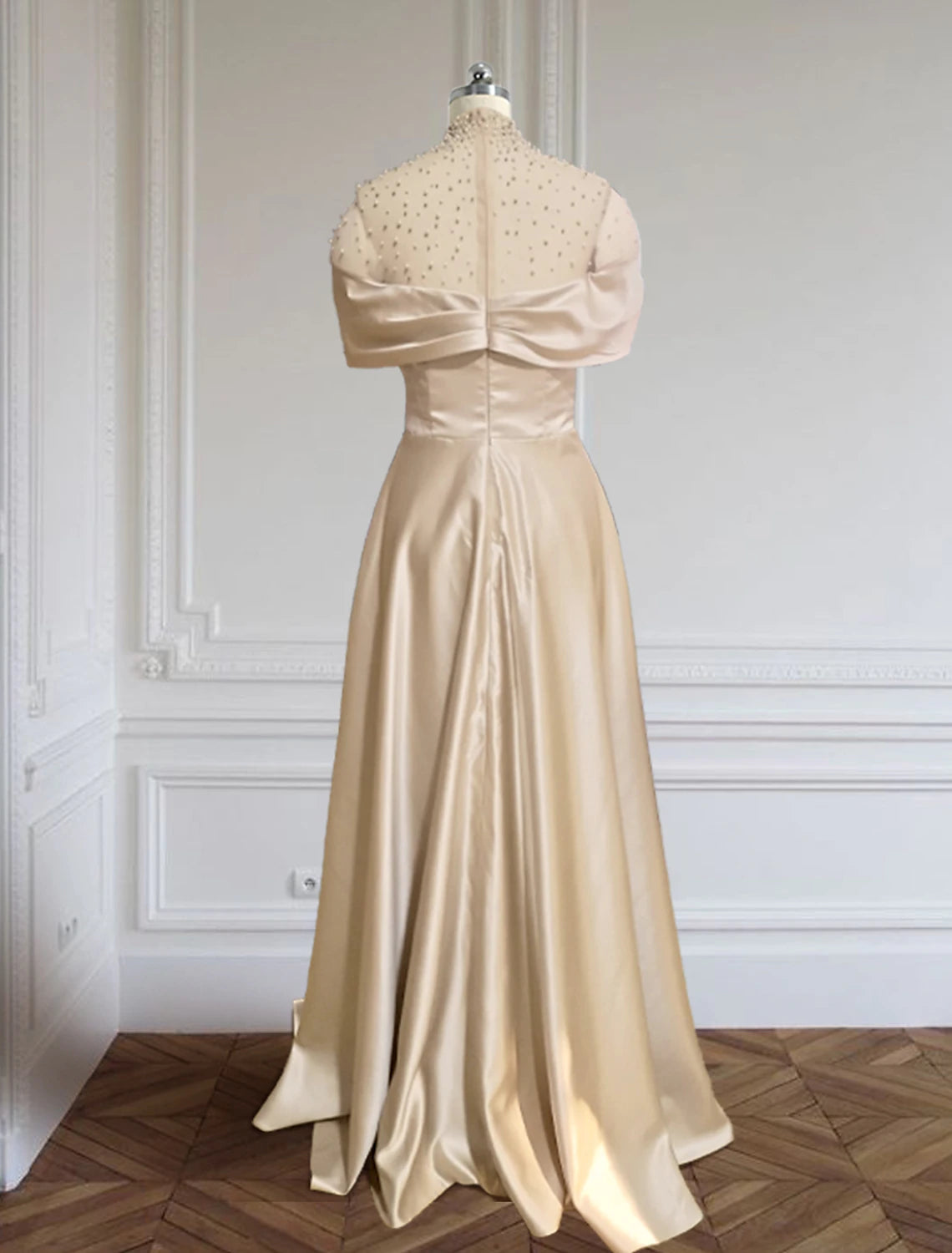 Weitese A-Line Evening Gown Elegant Dress Formal Red Green Dress Floor Length Short Sleeve Illusion Neck Satin with Ruched Beading