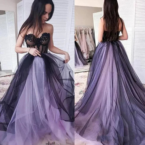 Precioso vestido de fiesta de tul con encaje negro y morado