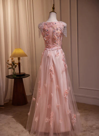 Pink V-neckline Tulle Beaded with Lace Applique Prom Dress