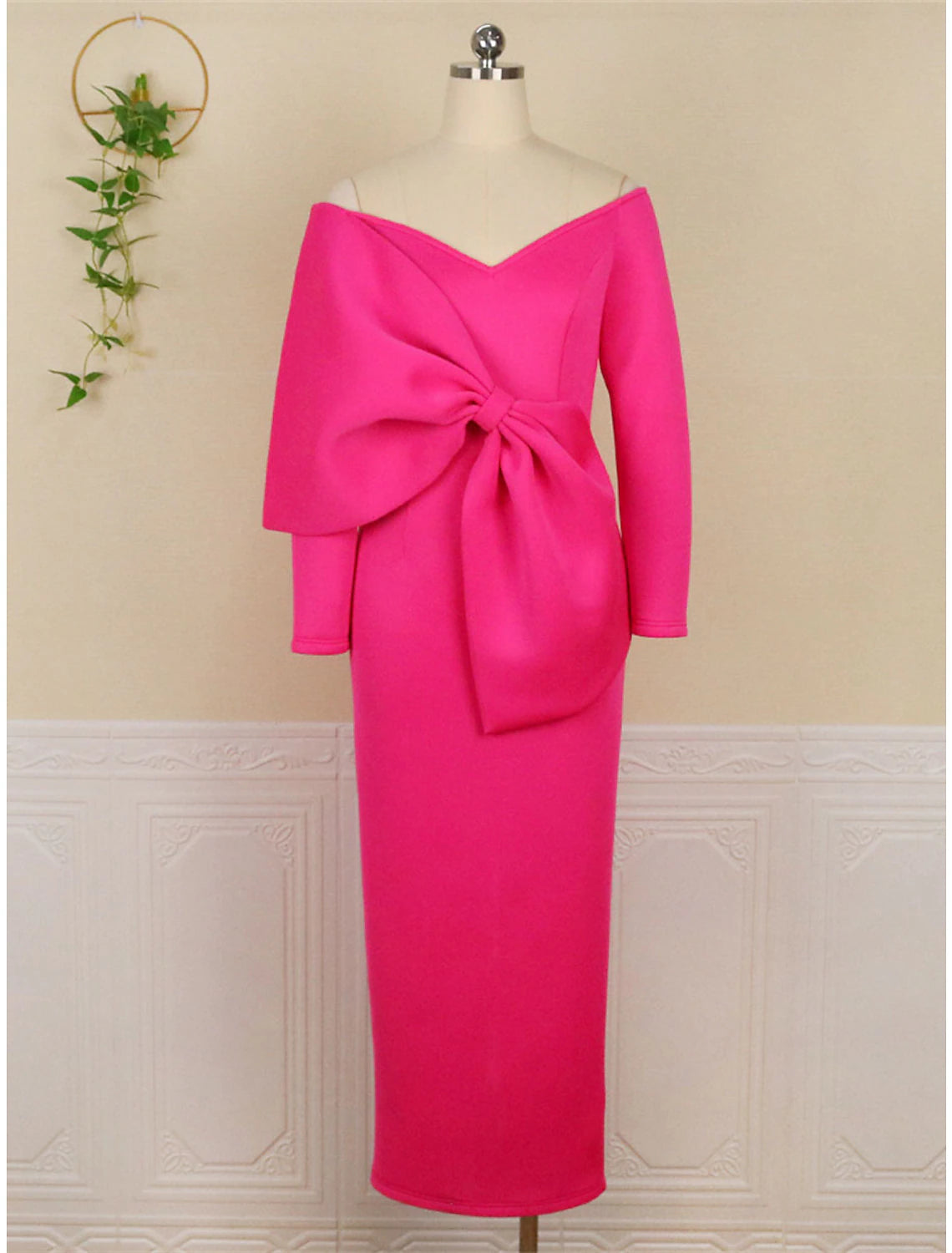 Robe de soirée moulante grande taille pour femme, robe fourreau moulante, robe longue unie, robe longue à manches longues, nœud, col en V, mode fête, fuchsia, automne hiver