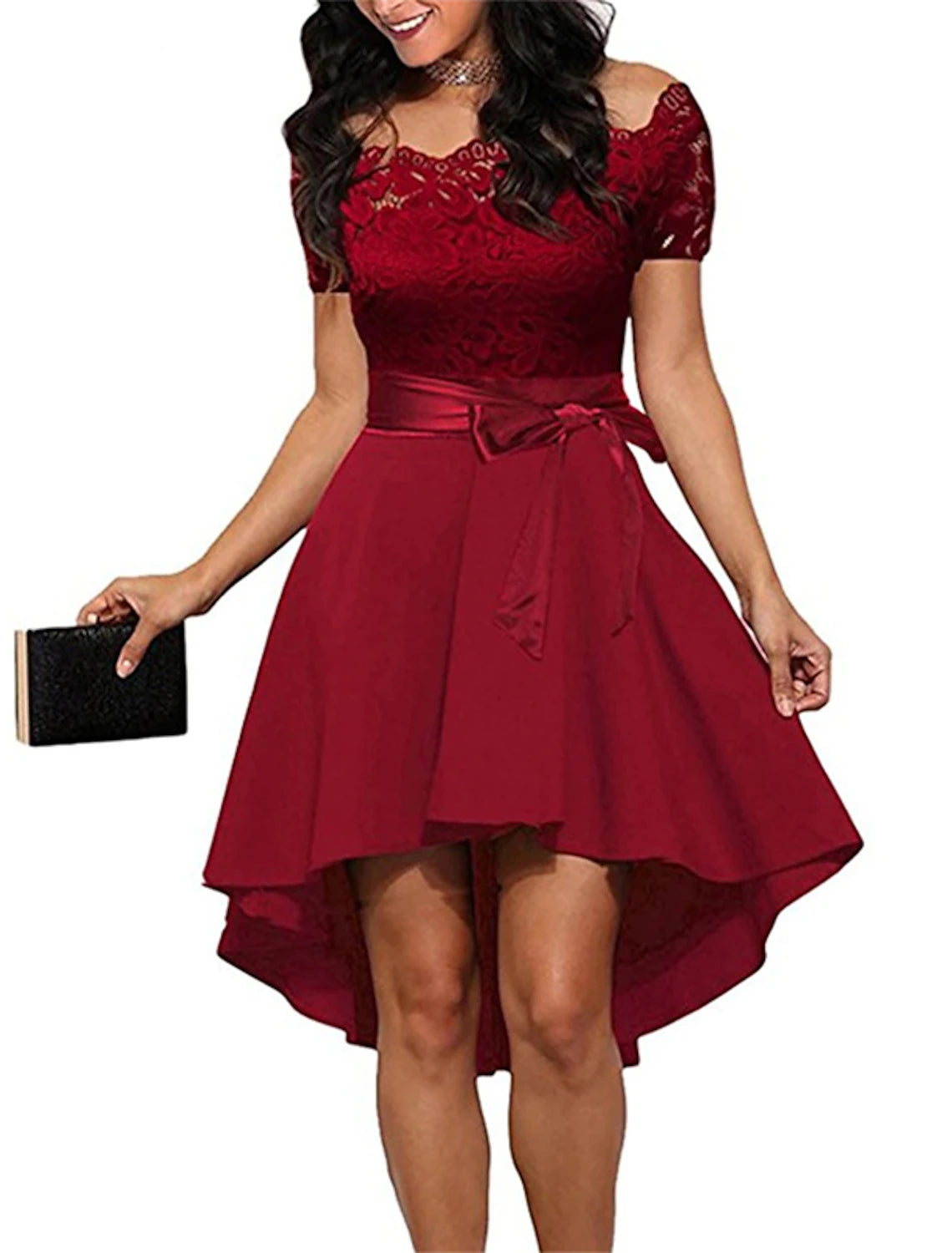 Women's Black Dress Party Dress Lace Dress Knee Length Dress White Pink Wine Short Sleeve Pure Color Lace Summer Spring Fall Off Shoulder Elegant Party Wedding Guest Birthday