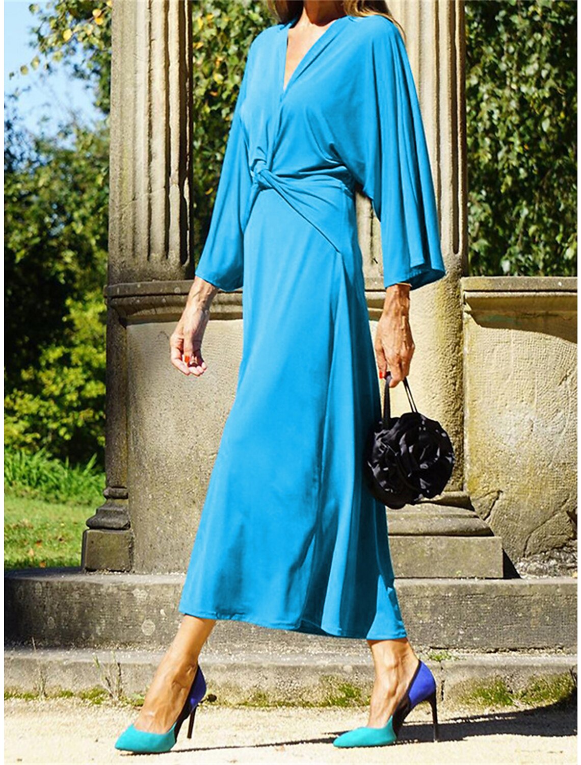 Women's Prom Dress Party Dress Wedding Guest Dress Long Dress Maxi Dress Fuchsia Green Light Blue 3/4 Length Sleeve Pure Color Knot Front Spring Fall Winter V Neck Fashion Winter Dress Wedding Guest