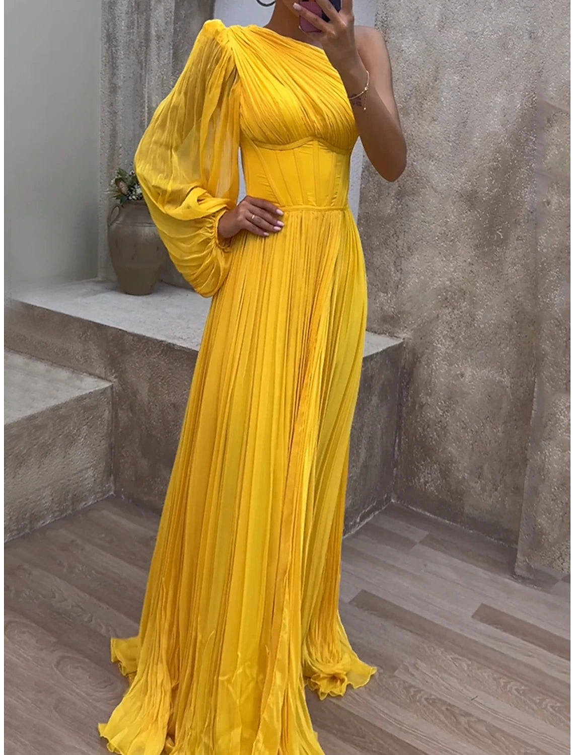 Weitese Women's Prom Dress Party Dress Corset Dress Long Dress Maxi Dress Yellow Sleeveless Pure Color Ruched Spring Fall Winter One Shoulder Party Wedding Guest Evening Party Vacation