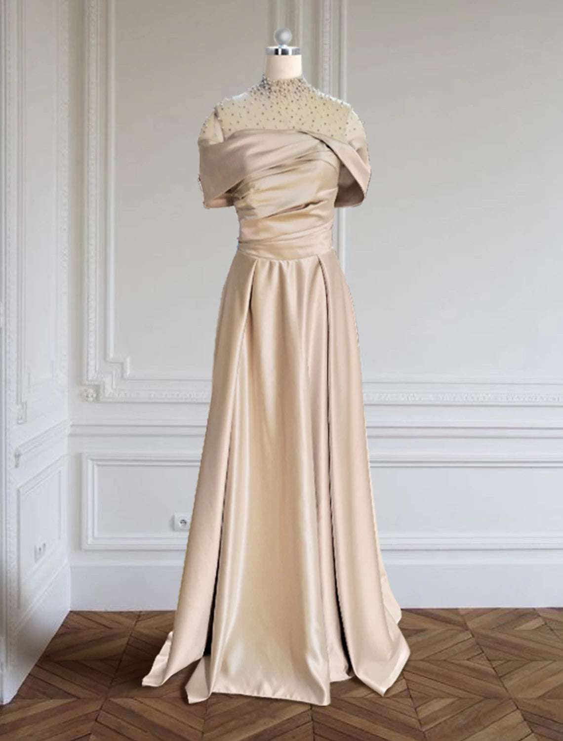 Weitese A-Line Evening Gown Elegant Dress Formal Red Green Dress Floor Length Short Sleeve Illusion Neck Satin with Ruched Beading