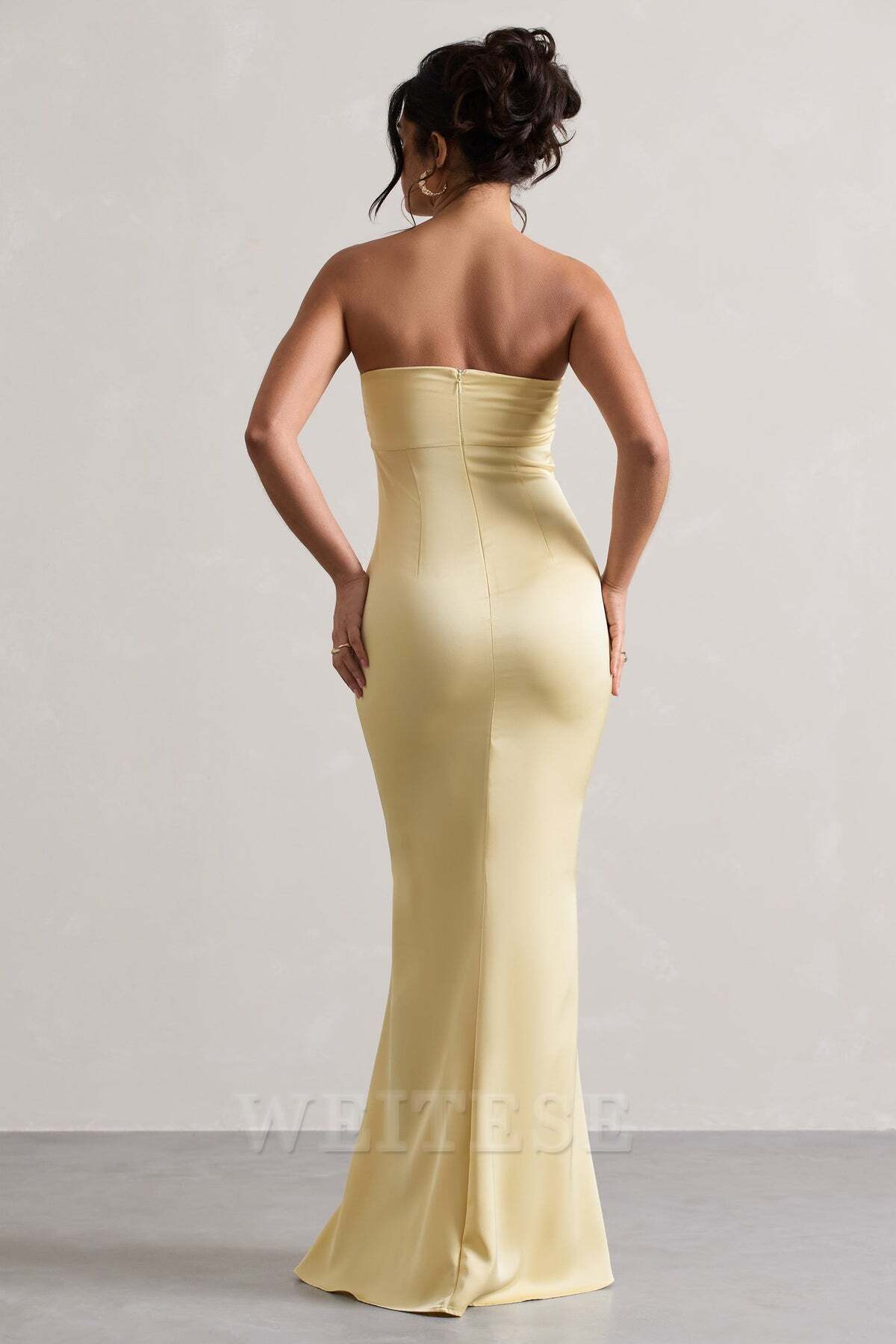 Weitese Dress Simple Lemon Satin Pleated Bandeau Maxi Dress Bridesmaid Dress Strapless Mermaid Long Mermaid Prom Dress