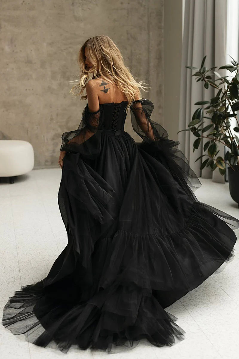 Weitese Prom Shop Dresses Promise Of Love Black Long Sleeve Off-the-shoulder Prom Dress Tulle Maxi Dress Formal Women's Dresses