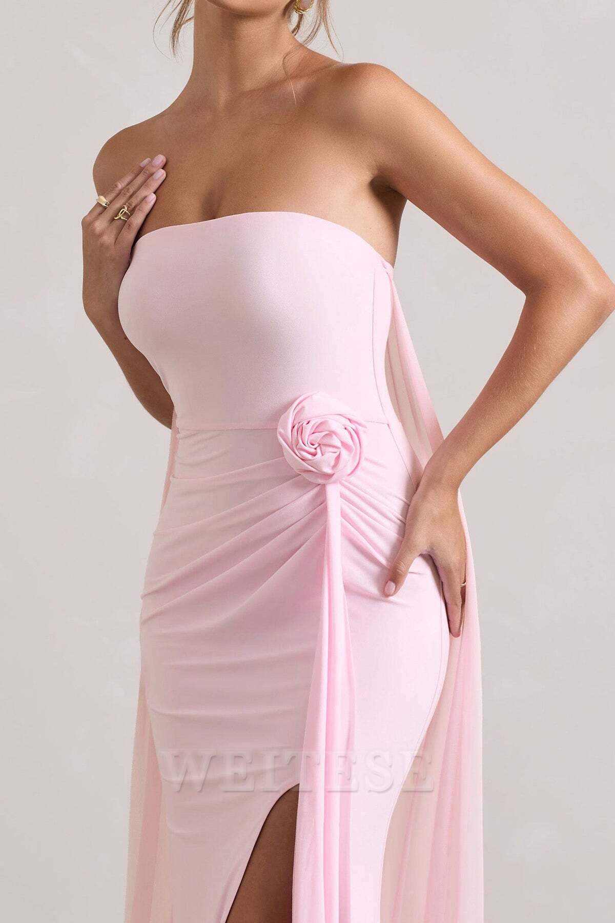 Weitese Dress Pink Strapless Wrap Cape Maxi Dress With Corsage Bridesmaid Dress Strapless Floor Length With Train Prom Dress
