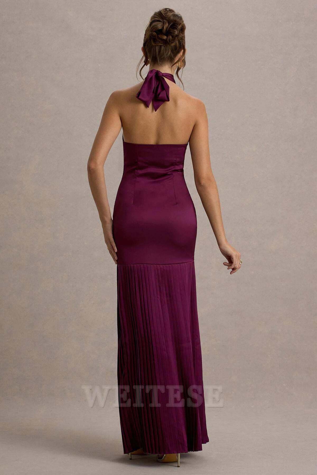 Robe Weitese bordeaux en satin croisé, col licou, robe longue plissée, robe de bal, robe de demoiselle d'honneur à lacets, sans manches, ourlet fendu 
