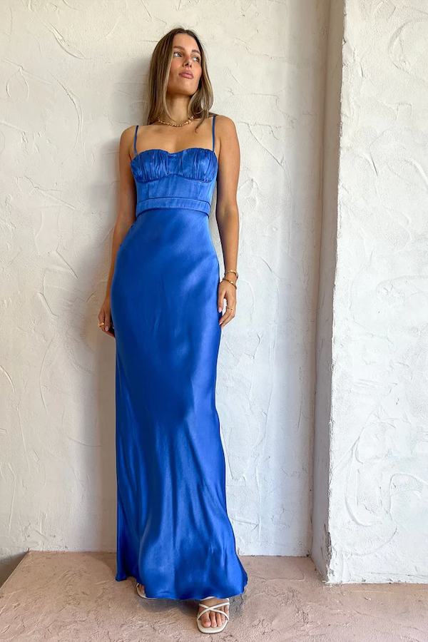 Weitese Dress Elegant Royal Blue Spaghetti Straps Open Back Sleeveless Maxi Dress Ruched Mermaid Ankle Length Prom Dress