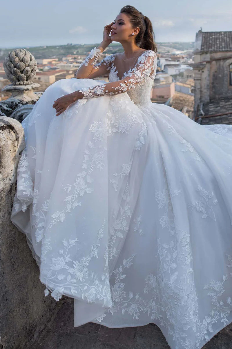 Weitese Prom Dress In Store Elegant Fairytale Romance Lace Long Sleeves Applique A-line Wedding Dress With Long Train Dress For Wedding