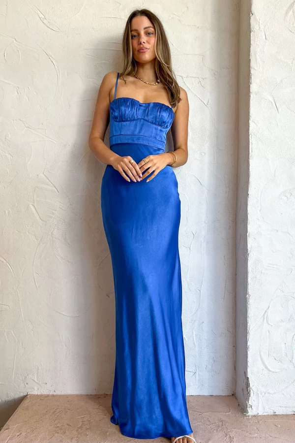 Weitese Dress Elegant Royal Blue Spaghetti Straps Open Back Sleeveless Maxi Dress Ruched Mermaid Ankle Length Prom Dress