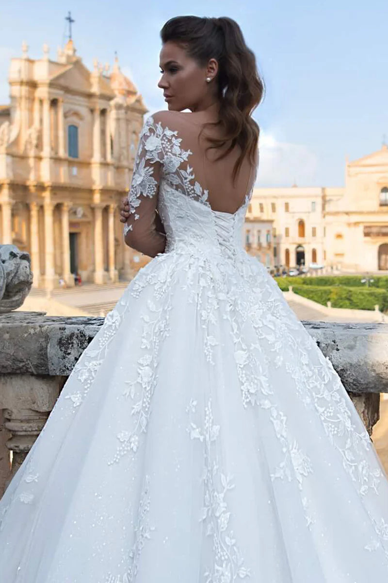 Weitese Prom Dress In Store Elegant Fairytale Romance Lace Long Sleeves Applique A-line Wedding Dress With Long Train Dress For Wedding