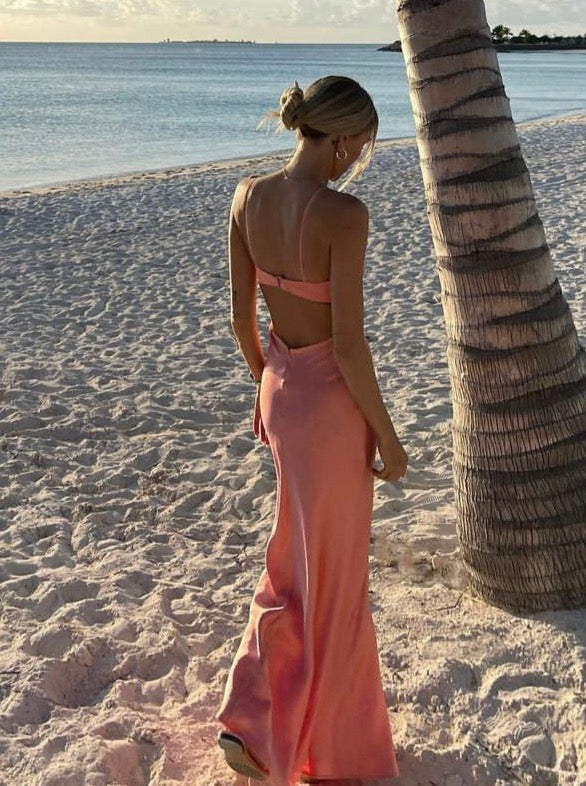 Weitese Dress Satin Cut Out Maxi Summer Dresses for Women Spaghetti Strap V-Neck Backless Wedding Guest Midi Dress Prom Dress