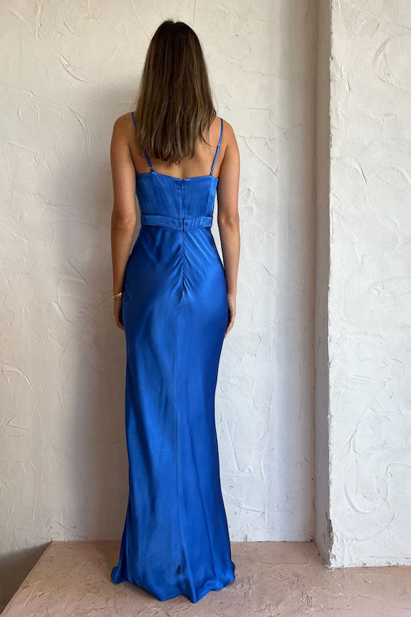 Weitese Dress Elegant Royal Blue Spaghetti Straps Open Back Sleeveless Maxi Dress Ruched Mermaid Ankle Length Prom Dress