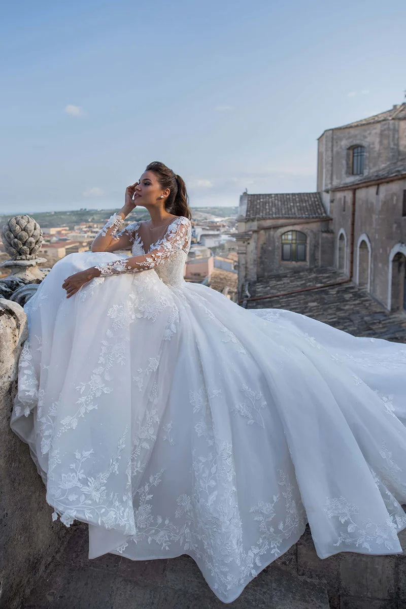 Weitese Prom Dress In Store Elegant Fairytale Romance Lace Long Sleeves Applique A-line Wedding Dress With Long Train Dress For Wedding