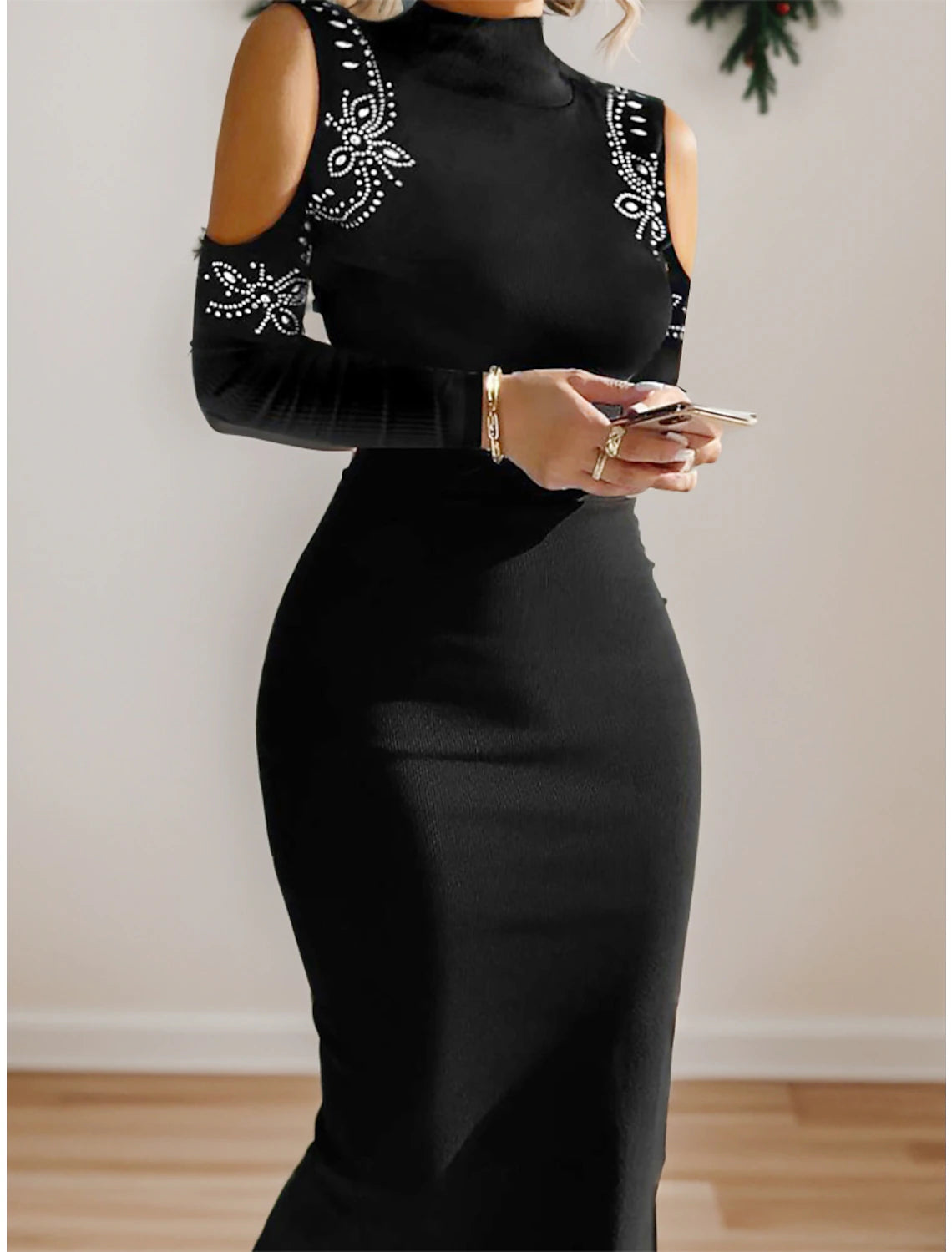 Weitese Women's Black Dress Prom Dress Party Dress Bodycon Sheath Dress Long Dress Maxi Dress Long Sleeve Glitter Fall Winter High Neck Fashion Evening Party
