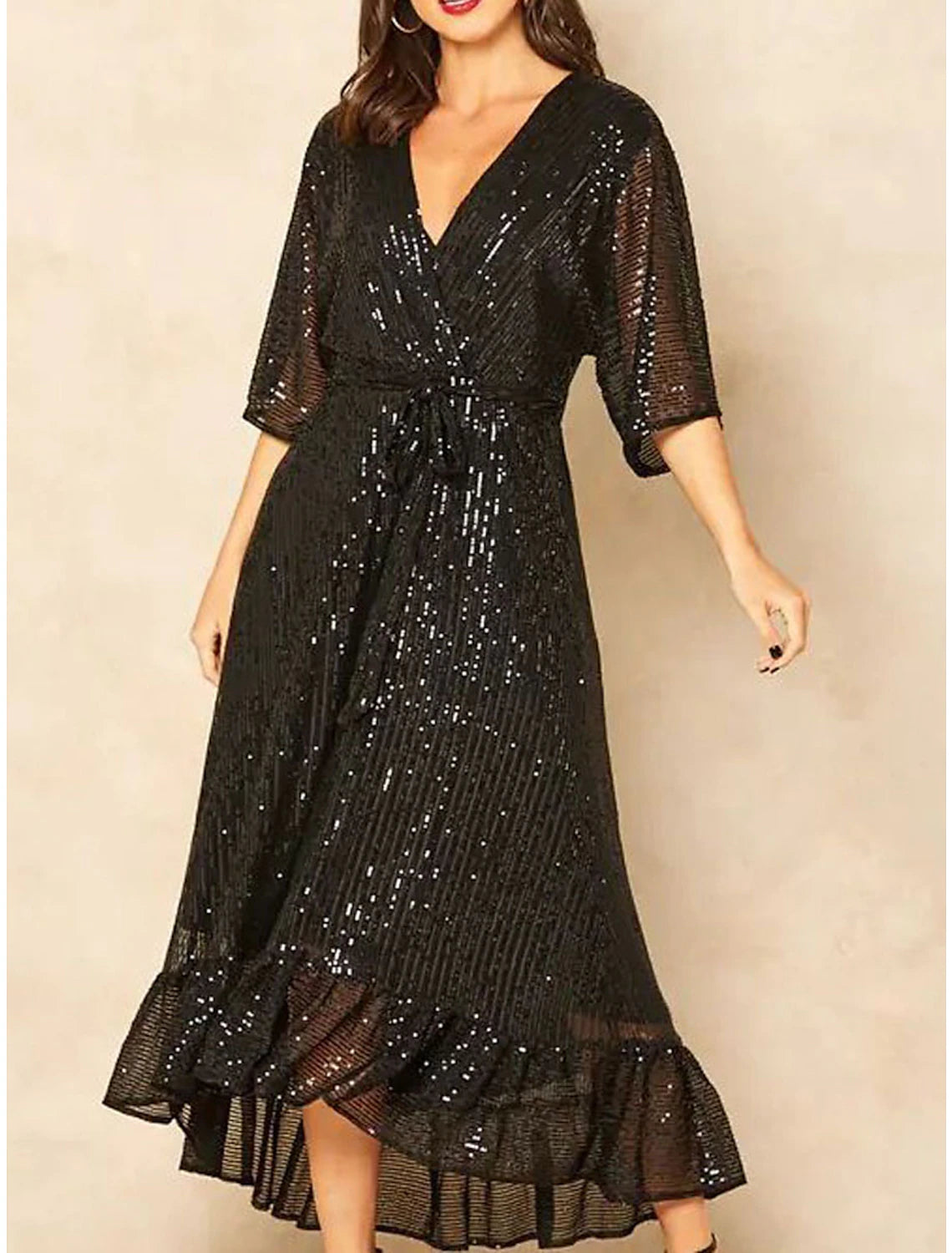 Weitese Women's Gold Sequin Dress Black Dress Prom Dress Party Dress Sparkly Dress Black Sheath Dress Long Dress Maxi Dress Blue Half Sleeve Fall Winter V Neck Fashion Evening