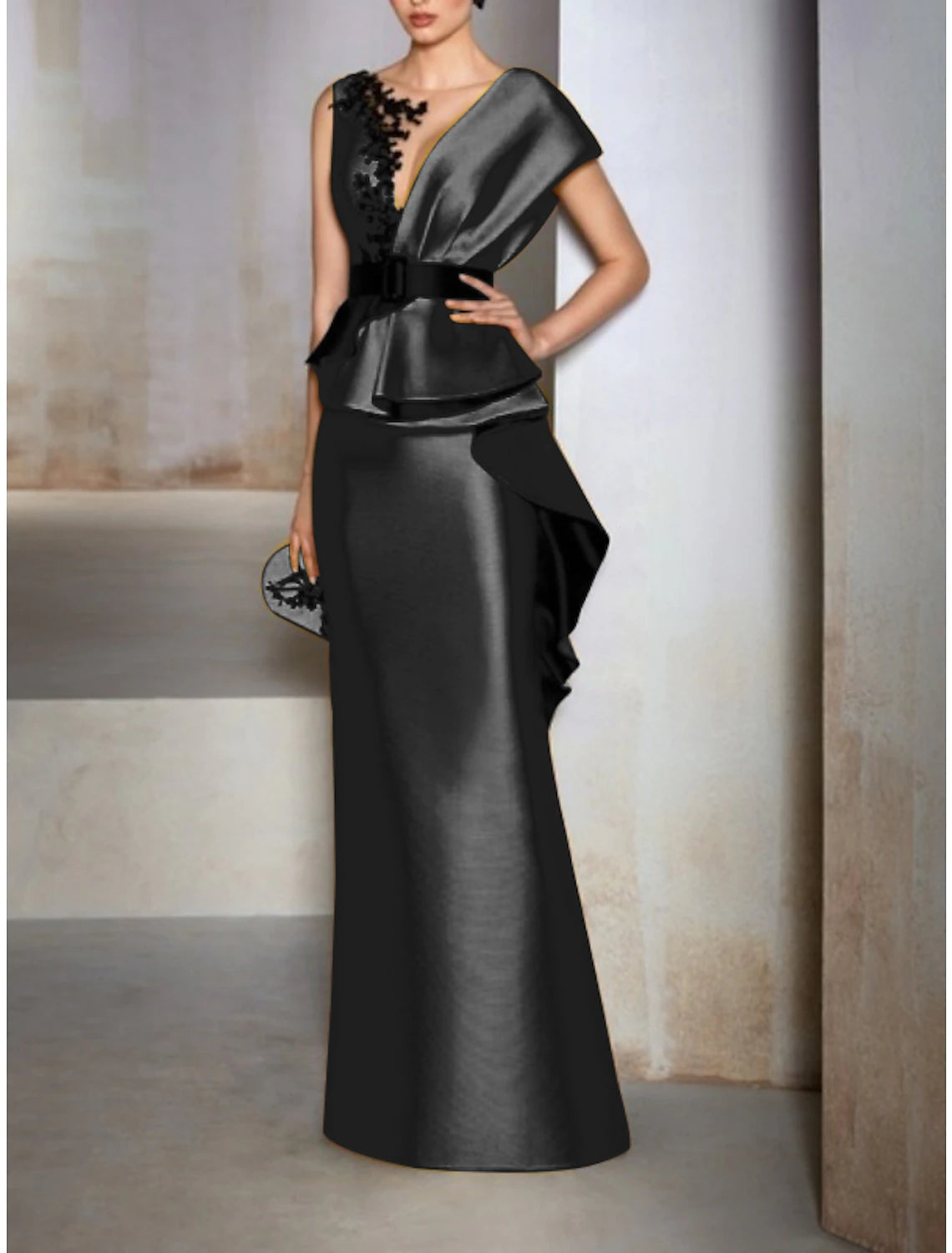 Weitese Sheath / Column Evening Gown Elegant Dress Formal Wedding Guest Floor Length Short Sleeve V Neck Satin with Ruffles Embroidery Appliques