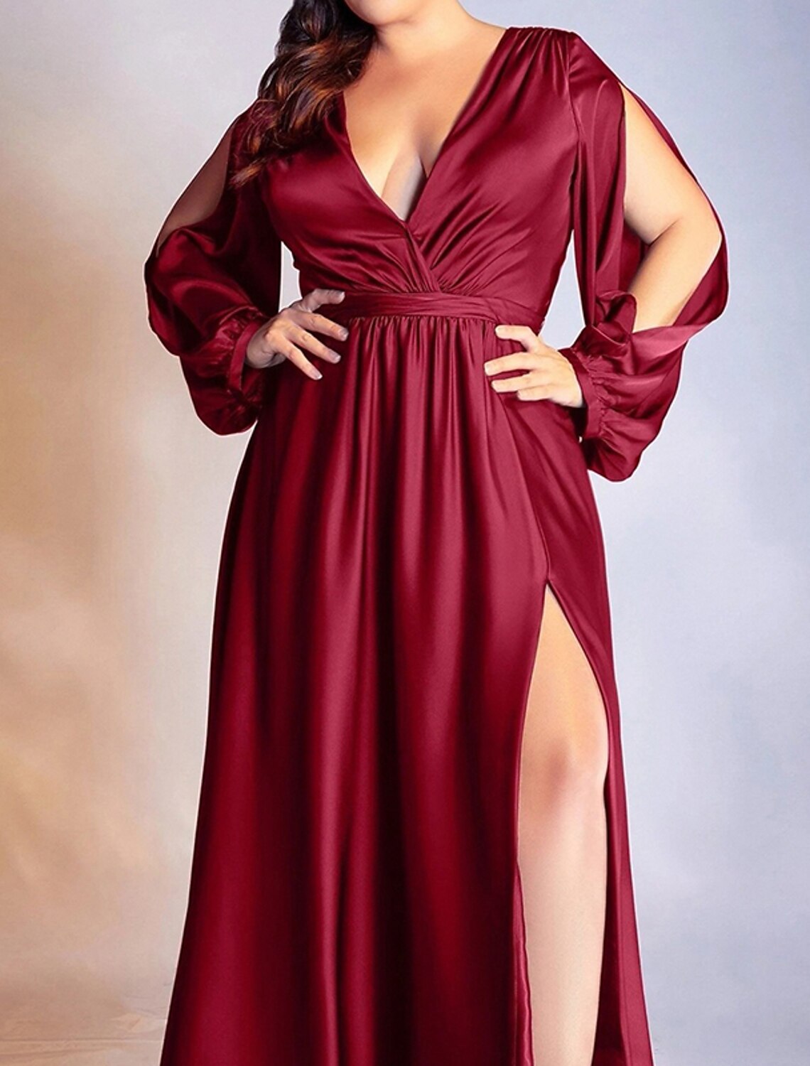 Robe de soirée grande taille pour femme, couleur unie, col en V, froncée, manches longues, automne-hiver, robe de bal formelle, robe longue, robe de soirée