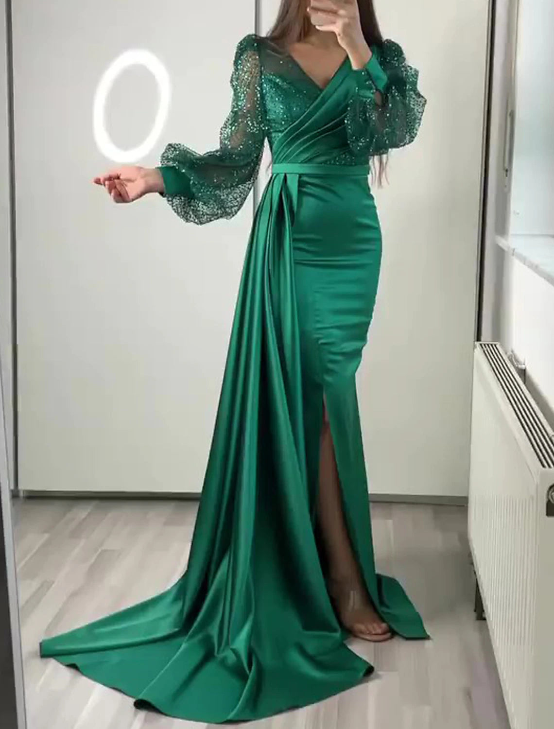 Weitese Mermaid Evening Dress Champagne Gown Sparkle Sequin Dress Formal Black Tie Floor Length Long Sleeve V Neck Satin With Buttons Pearls