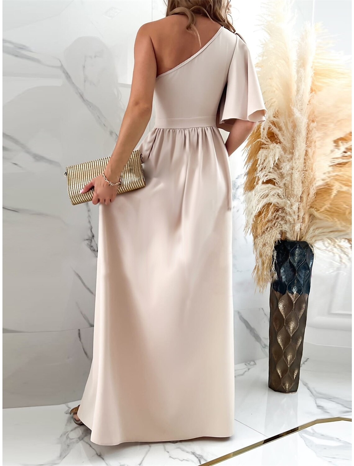 Women's Prom Dress Party Dress Satin Dress Long Dress Maxi Dress Black Red Fuchsia Short Sleeve Pure Color Ruffle Spring Fall Winter One Shoulder Fashion Christmas Wedding Guest Birthday