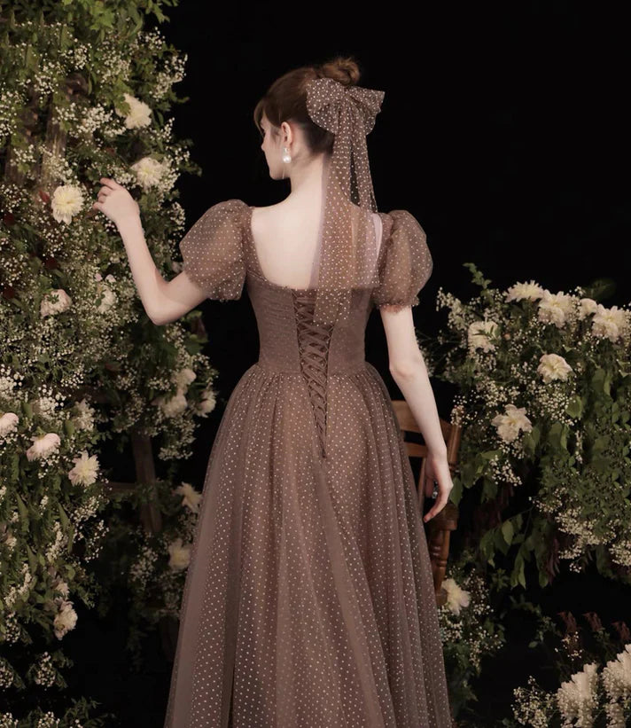 Pretty Tulle Short Sleeves Floor Length Prom Dress