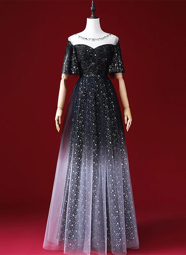 Black A-line Gradient Tulle Short Sleeves Prom Dress