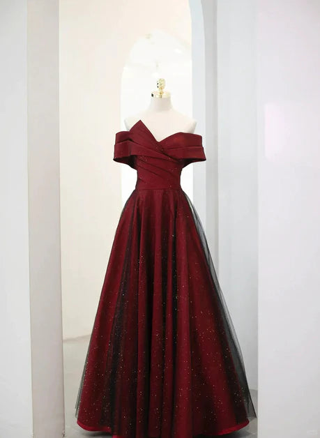 A-line Off Shoulder Wine Red Tulle Long Party Dress