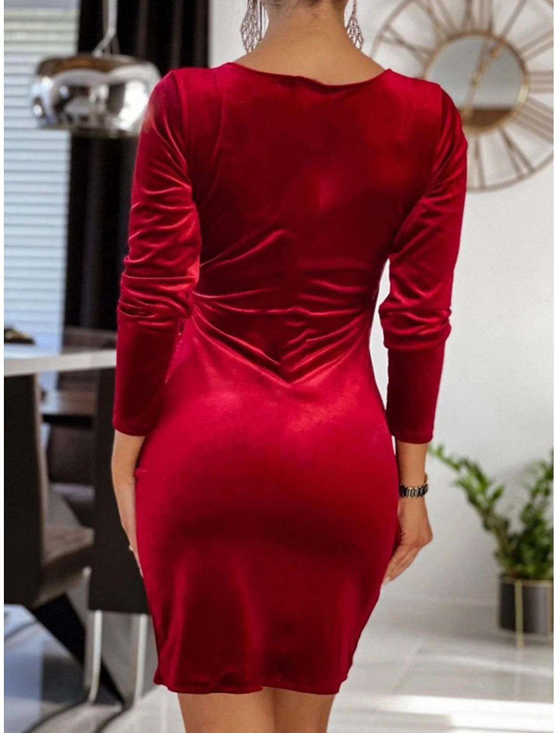 Robe de soirée en velours pour femme Weitese, robe d'invitée de mariage, mini robe, noir, vin, bleu, manches longues, couleur unie, froncée, printemps, automne, hiver, col en V, mode, robe d'hiver, soirée, mariage, invité