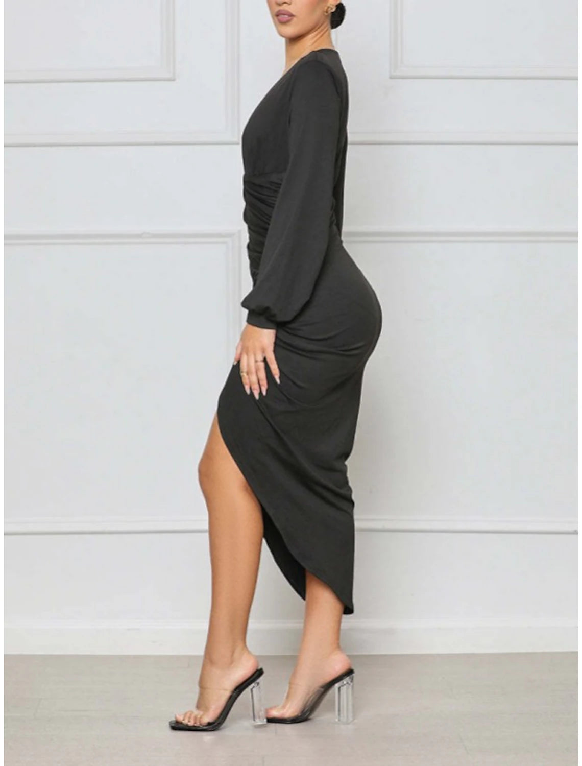 Women‘s Semi Formal Dress Party Dress Wedding Guest Dress Bodycon Shift Dress Midi Dress Black Blue Purple Long Sleeve Pure Color Ruched Winter Fall Autumn Deep V Party Winter Dress