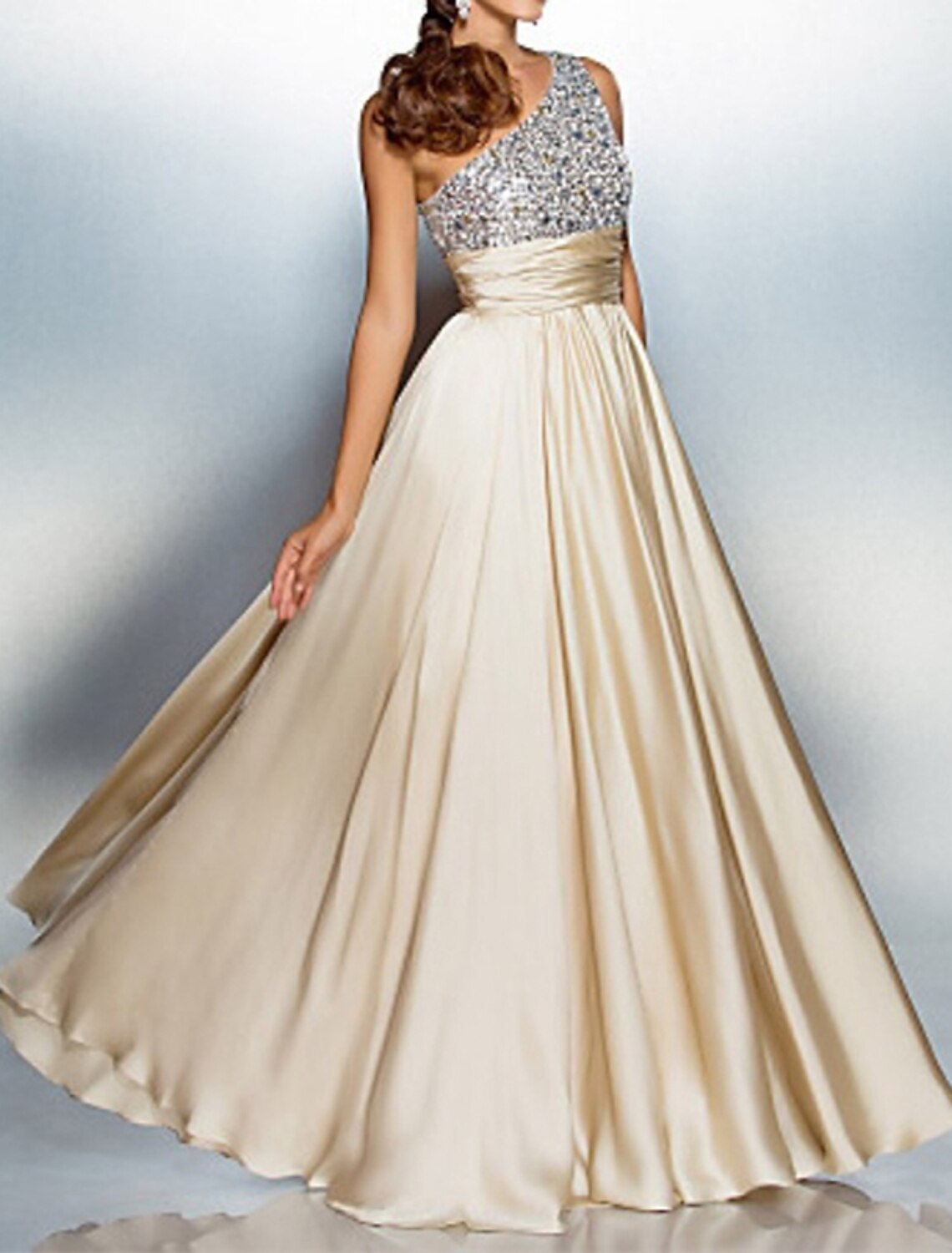 Women's Sequin Dress Prom Dress Party Dress Sparkly Dress Long Dress Maxi Dress Beige Sleeveless Summer Spring Fall One Shoulder Fashion