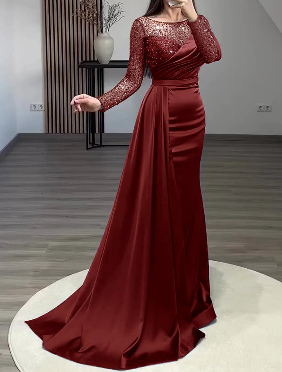 Weitese Mermaid Dress Evening Gown Red Green Dress Formal Wedding Guest Court Train Long Sleeve Jewel Neck Charmeuse with Ruched Pearls Sequin