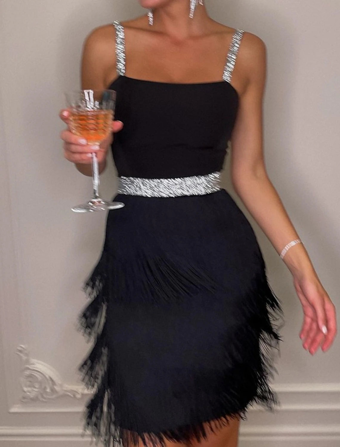 Women's Black Sequin Dress Fringe Dress Party Dress Sparkly Dress Little Black Dress Sexy Dress Cocktail Homecoming Dress Dress Mini Dress Sleeveless Tassel Spring Spaghetti Strap