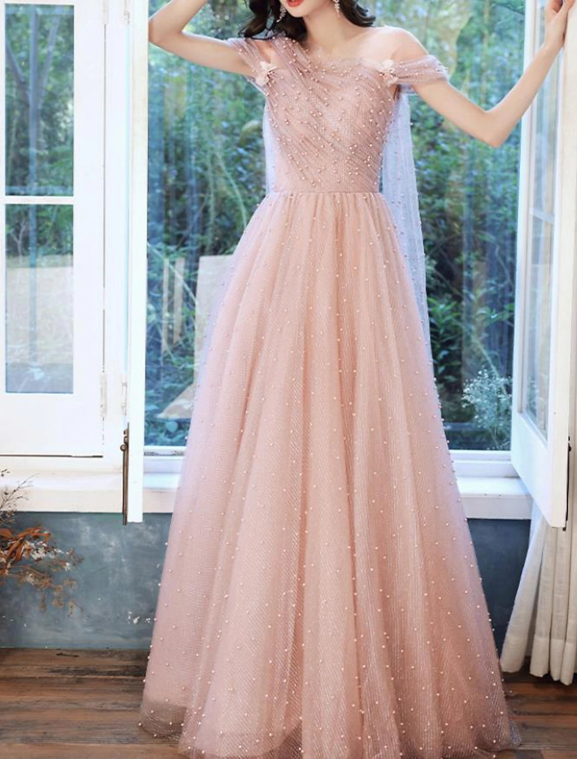Weitese A-Line Prom Dresses Elegant Dress Wedding Guest Engagement Floor Length Sleeveless Illusion Neck Tulle with Pleats Beading