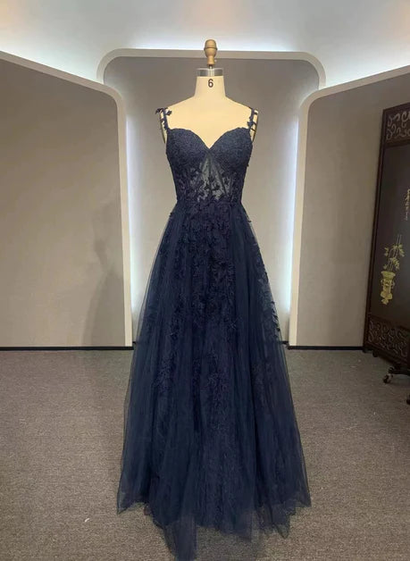Navy Blue A-line Tulle with Lace Prom Dress