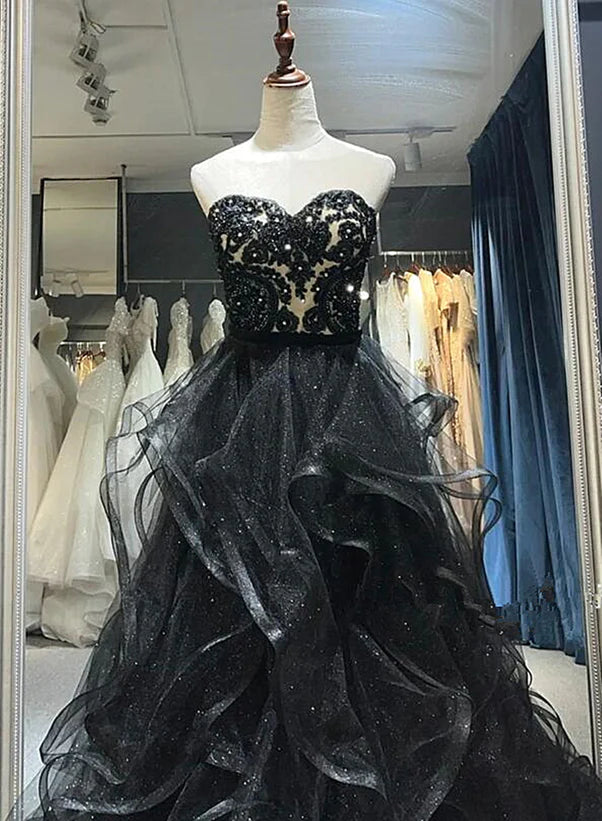 Black Sweetheart Tulle Layers Long Party Dress