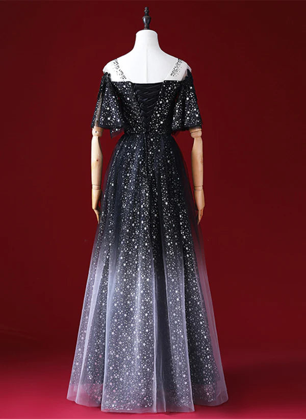 Black A-line Gradient Tulle Short Sleeves Prom Dress