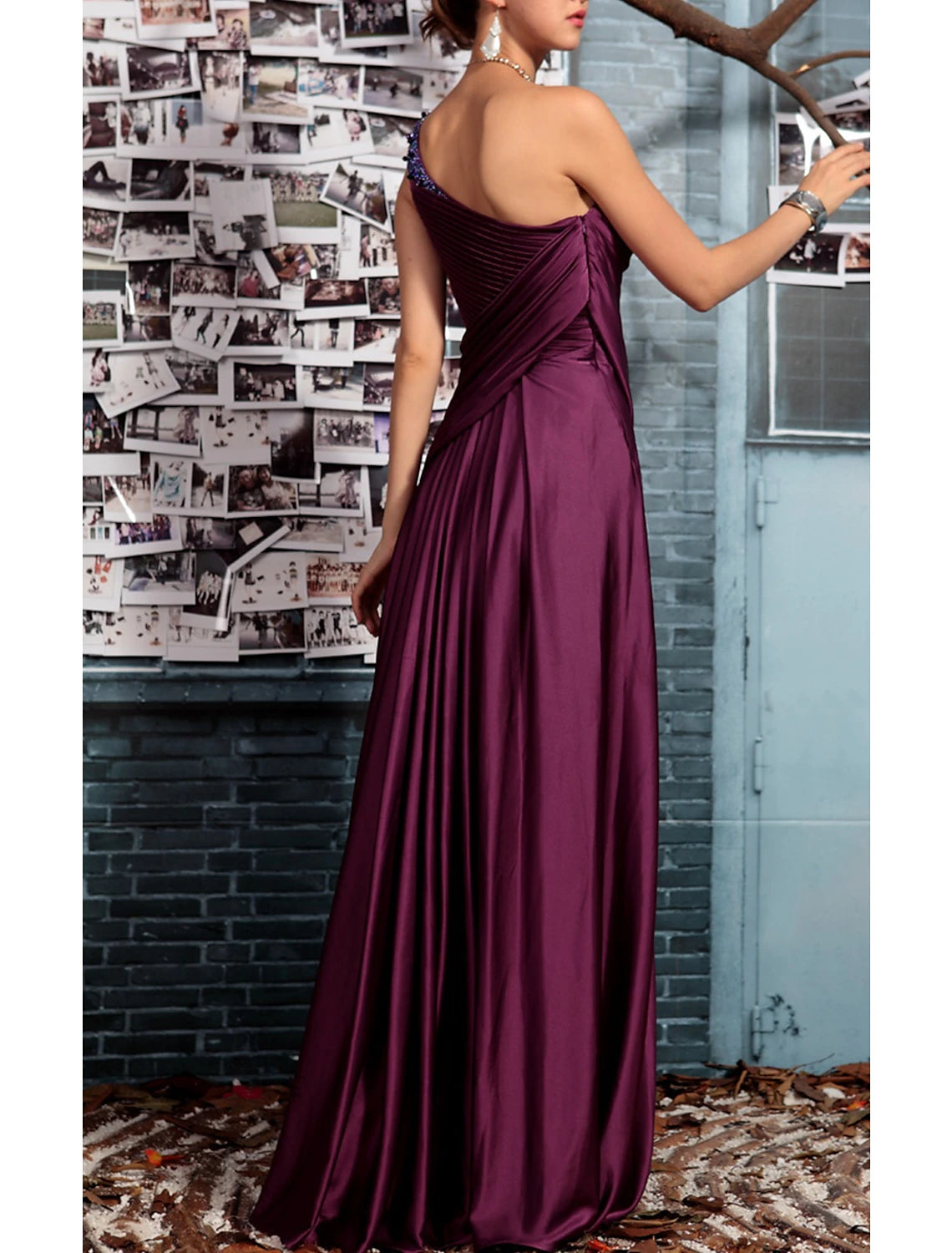 Weitese Sheath Black Dress Evening Gown Elegant Dress Formal Evening Floor Length Sleeveless One Shoulder Fall Wedding Guest Satin Backless with Pleats Crystals Draping
