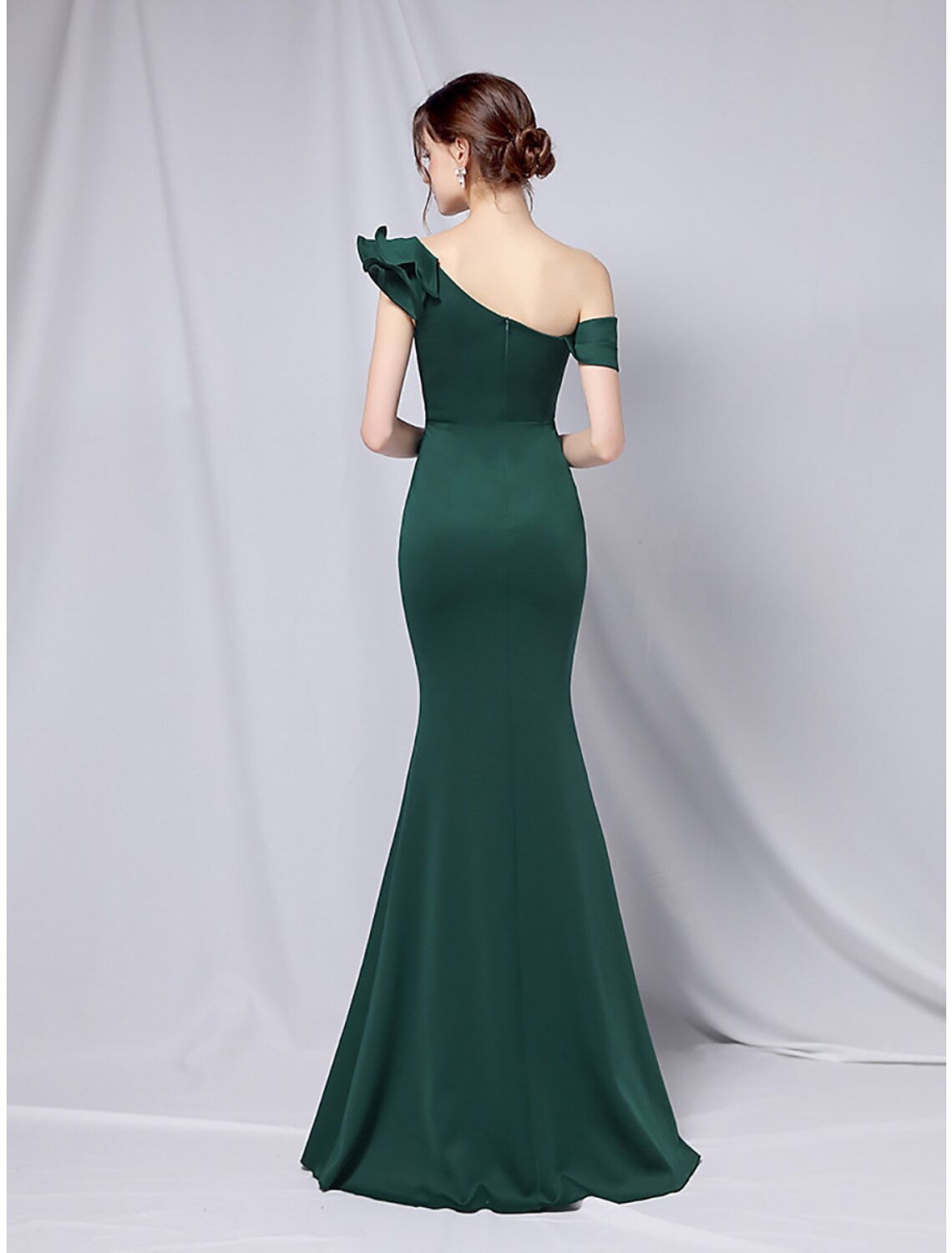 Weitese Mermaid Party Dress Evening Gown Empire Dress Wedding Guest Formal Evening Floor Length Short Sleeve One Shoulder Stretch Satin with Ruffles
